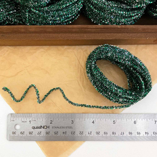 Mini Metallic Wired Tinsel Cord in Green + Silver ~ 1/8" wide ~ 10 meter length